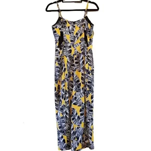 Olive + Oak Mustard Yellow Black Leaf Print Cutout Romper Large - Picture 2 of 9